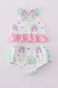 Colorful rainbow print girl's two-piece ruffle swimsuit, perfect for summer fun.