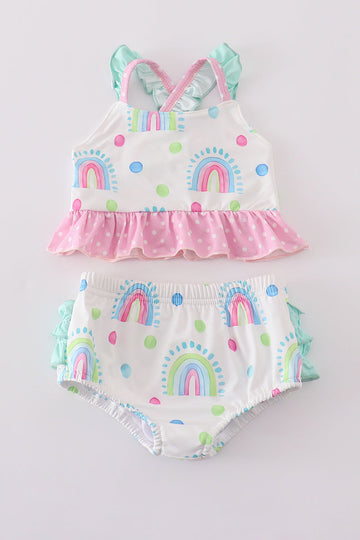 Colorful rainbow print girl's two-piece ruffle swimsuit, perfect for summer fun.