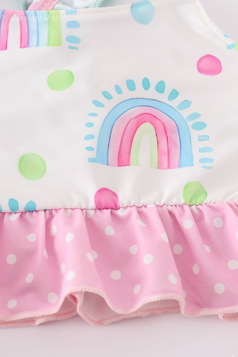 Colorful rainbow print girl's two-piece ruffle swimsuit, perfect for summer fun.