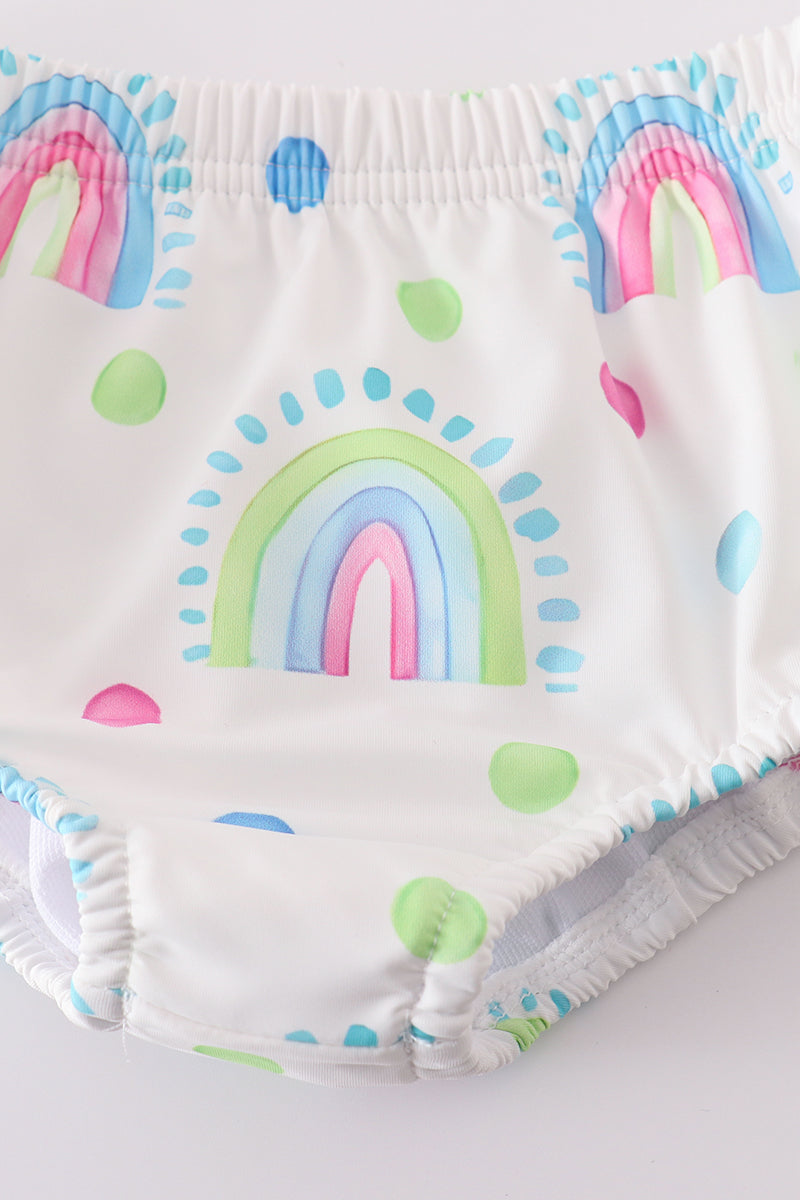 Colorful rainbow print girl's two-piece ruffle swimsuit, perfect for summer fun.