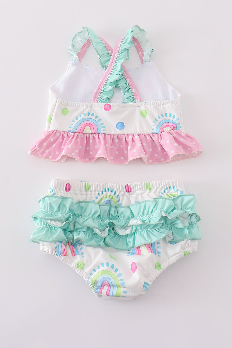 Colorful rainbow print girl's two-piece ruffle swimsuit, perfect for summer fun.