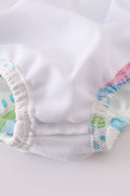 Colorful rainbow print girl's two-piece ruffle swimsuit, perfect for summer fun.