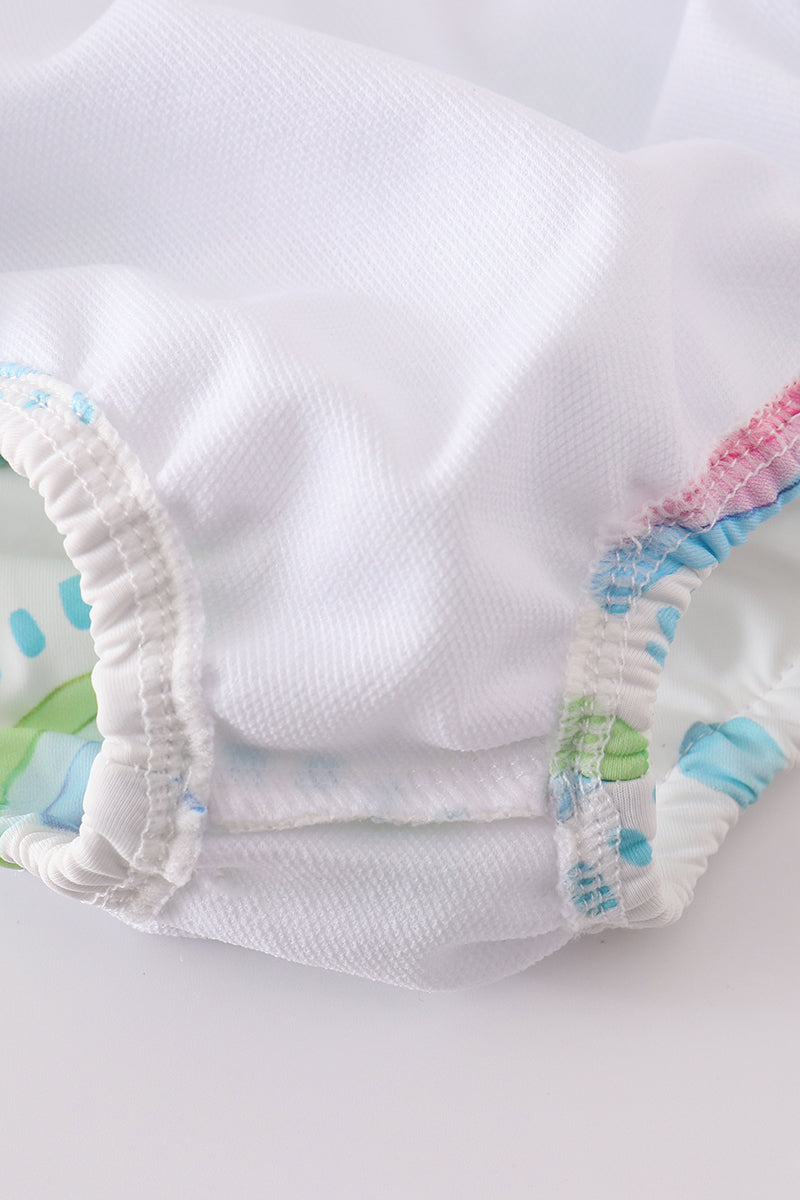 Colorful rainbow print girl's two-piece ruffle swimsuit, perfect for summer fun.