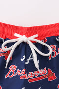 Matching navy swim trunks with Atlanta Braves logo for dad and son.