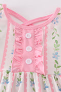 Pink floral print girl ruffle dress with short sleeves and a twirl-ready skirt.