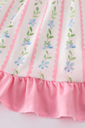 Pink floral print girl ruffle dress with short sleeves and a twirl-ready skirt.