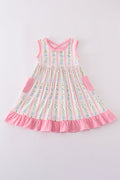 Pink floral print girl ruffle dress with short sleeves and a twirl-ready skirt.
