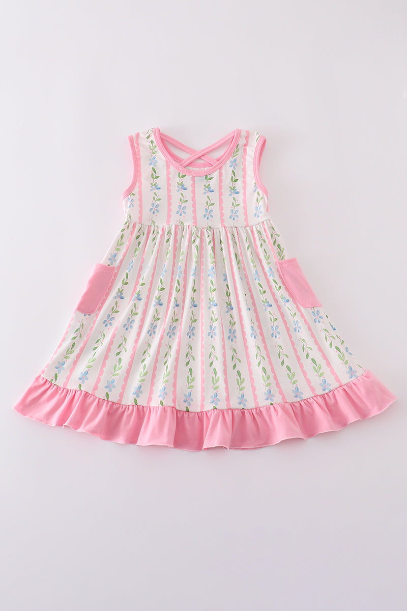 Pink floral print girl ruffle dress with short sleeves and a twirl-ready skirt.