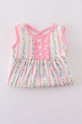 Pink floral print girl ruffle dress with short sleeves and a twirl-ready skirt.