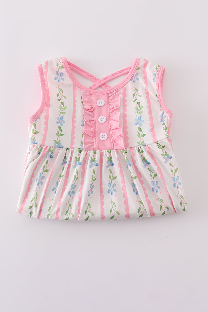 Pink floral print girl ruffle dress with short sleeves and a twirl-ready skirt.