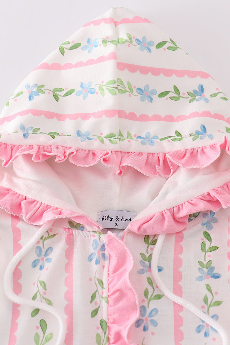 Pink floral ruffle hoodie dress for girls, perfect for playful spring days.