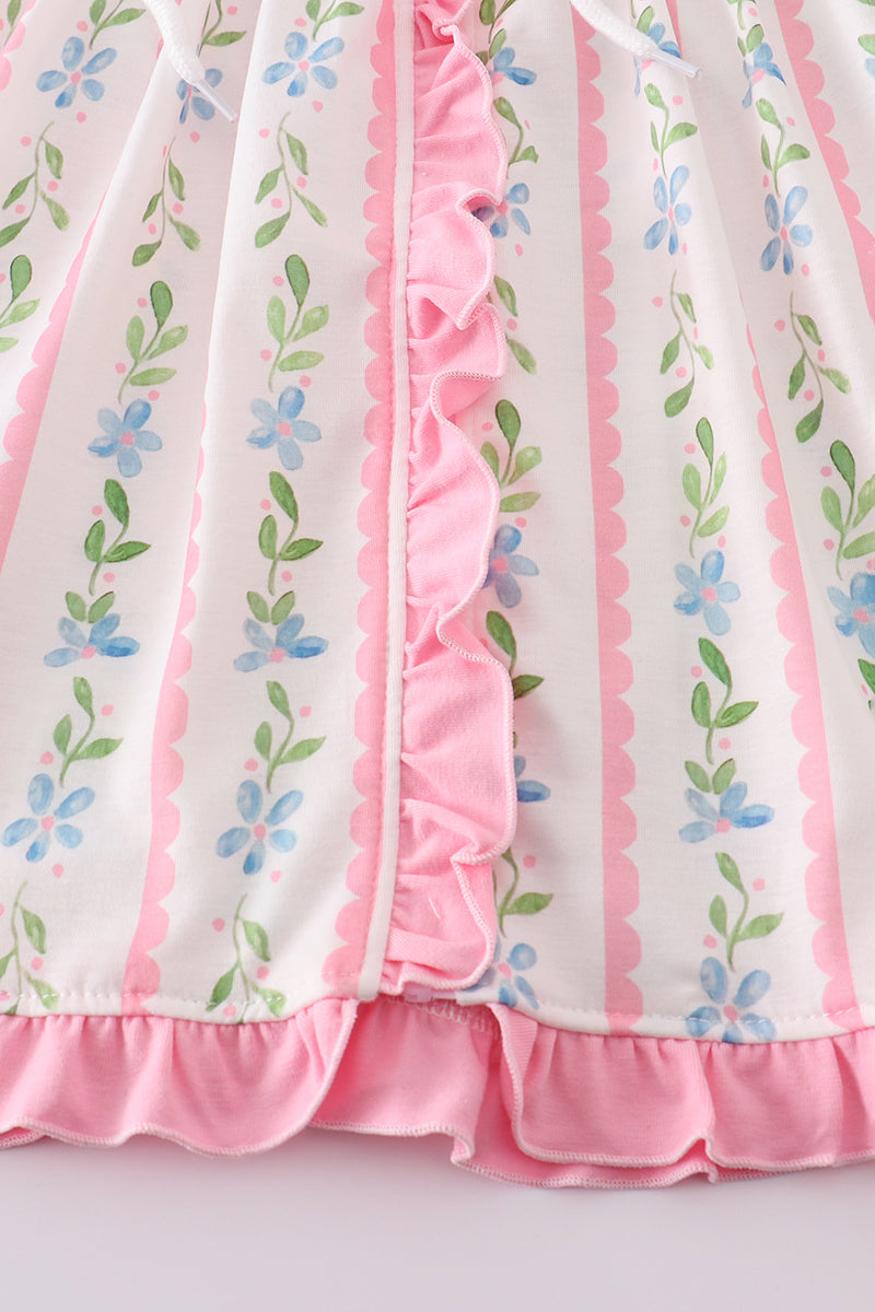 Pink floral ruffle hoodie dress for girls, perfect for playful spring days.