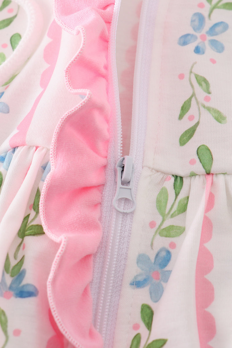 Pink floral ruffle hoodie dress for girls, perfect for playful spring days.