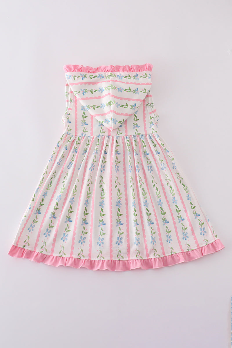 Pink floral ruffle hoodie dress for girls, perfect for playful spring days.