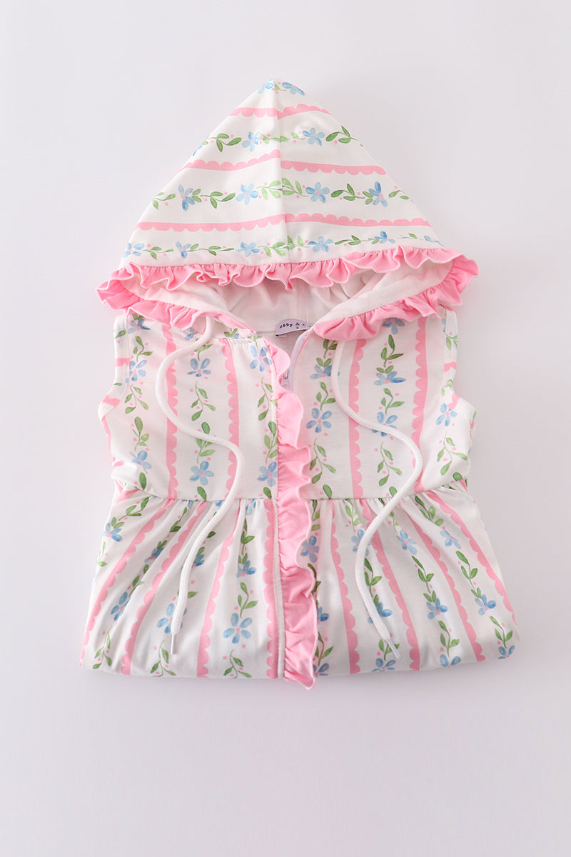 Pink floral ruffle hoodie dress for girls, perfect for playful spring days.