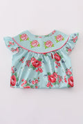 Smocked girl bubble with charming rosebud print, perfect for playful summer days.