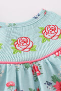 Adorable Rosebud Bliss print smocked bloomer set with delicate floral pattern.