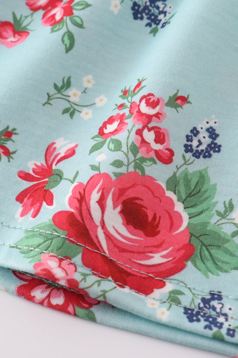 Adorable Rosebud Bliss print smocked bloomer set with delicate floral pattern.