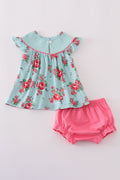 Adorable Rosebud Bliss print smocked bloomer set with delicate floral pattern.