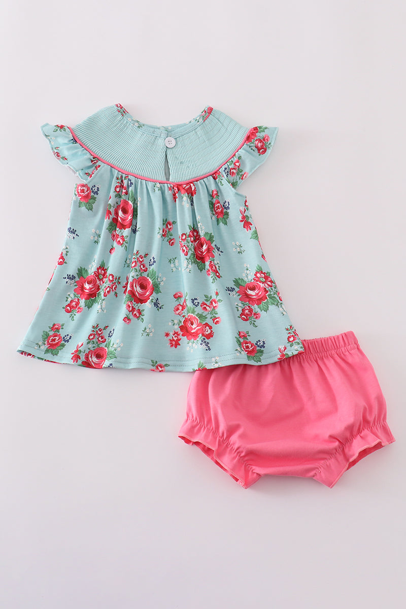 Adorable Rosebud Bliss print smocked bloomer set with delicate floral pattern.