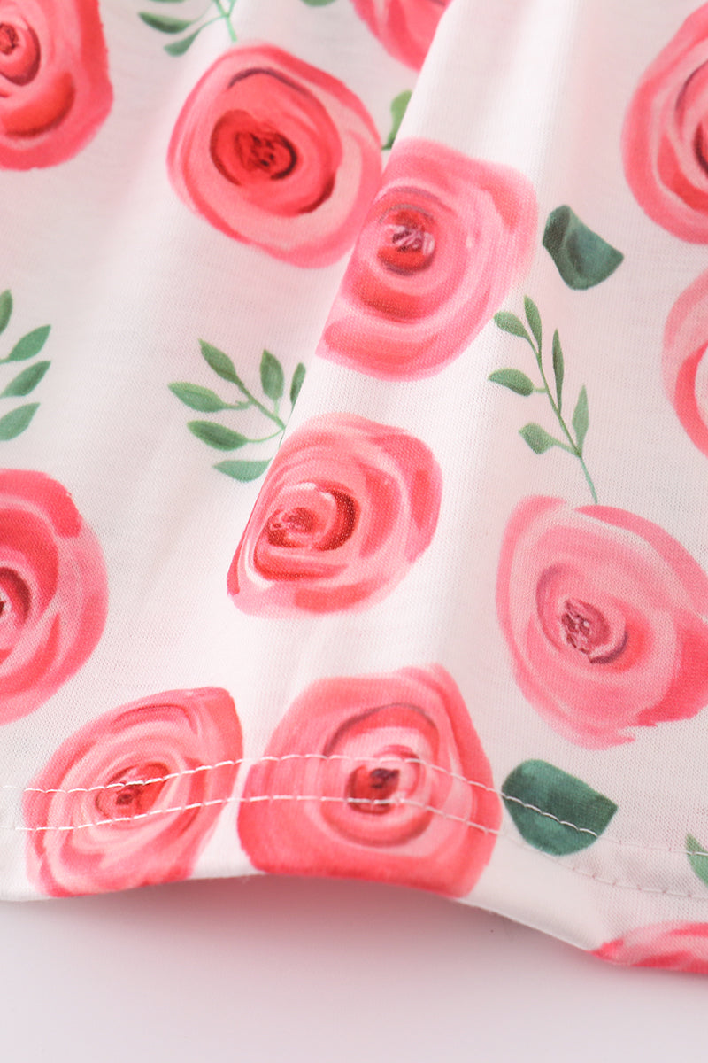 Pink floral print bloomer set for girls with ruffled sleeves, perfect for spring.