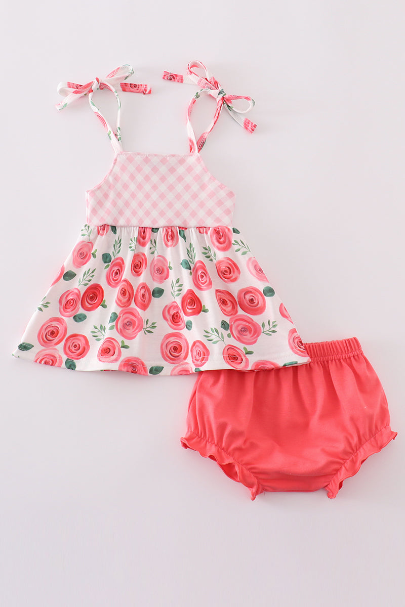 Pink floral print bloomer set for girls with ruffled sleeves, perfect for spring.