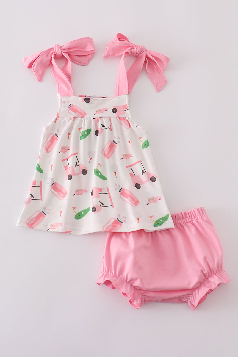 Adorable pink bloomer set with playful golf-themed print, perfect for toddlers.