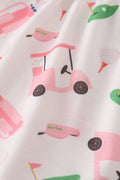 Adorable pink bloomer set with playful golf-themed print, perfect for toddlers.