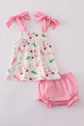Adorable pink bloomer set with playful golf-themed print, perfect for toddlers.
