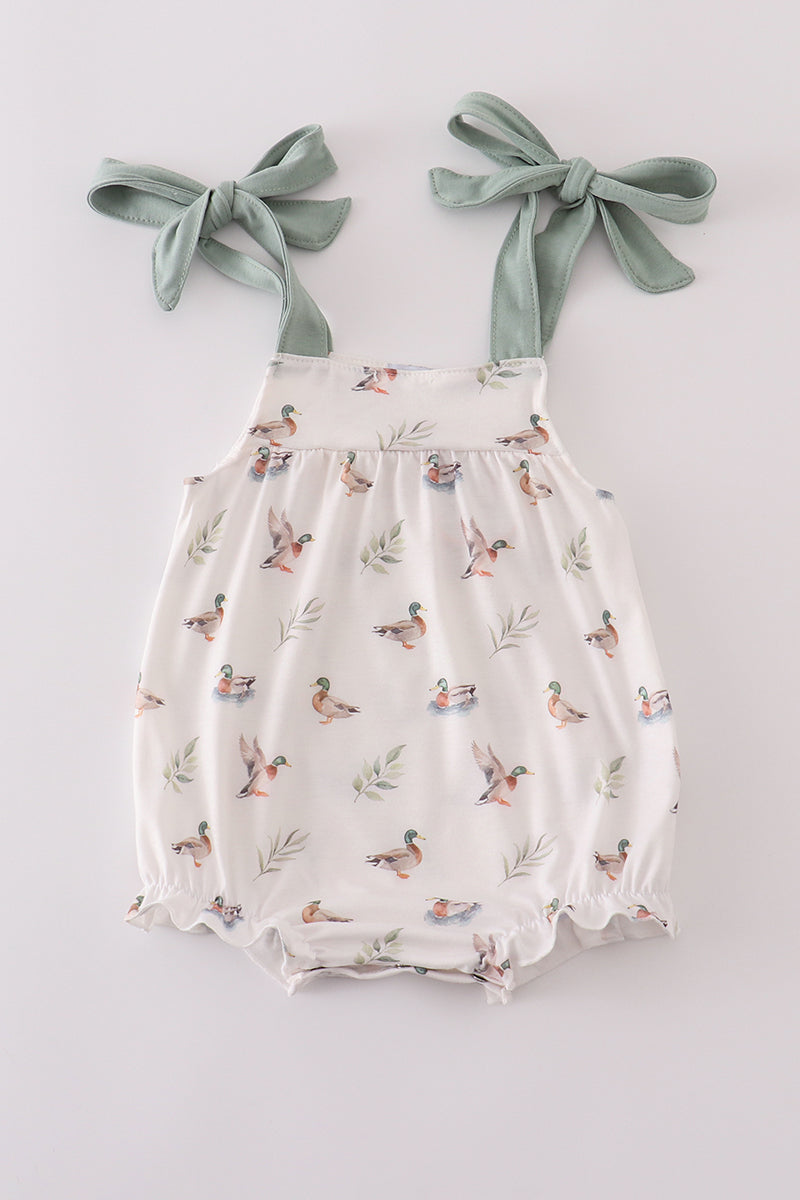 Adorable green bubble romper with playful duck print, perfect for toddlers.