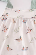 Adorable green bubble romper with playful duck print, perfect for toddlers.