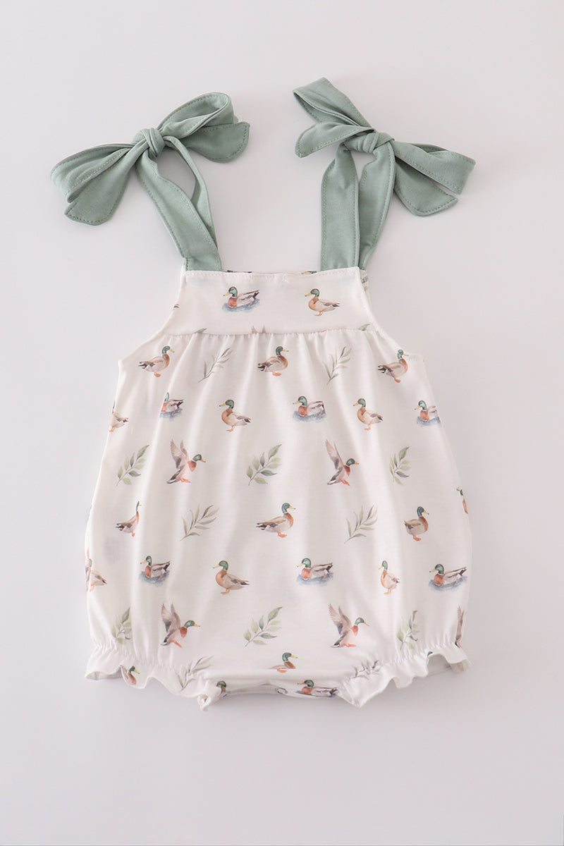 Adorable green bubble romper with playful duck print, perfect for toddlers.