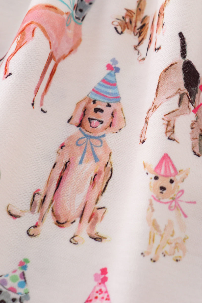 Pink party puppy print set featuring a playful dog pattern on cozy children's pajamas.