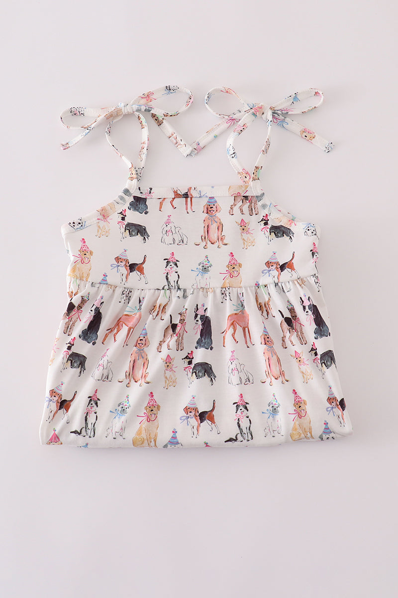 Pink party puppy print set featuring a playful dog pattern on cozy children's pajamas.