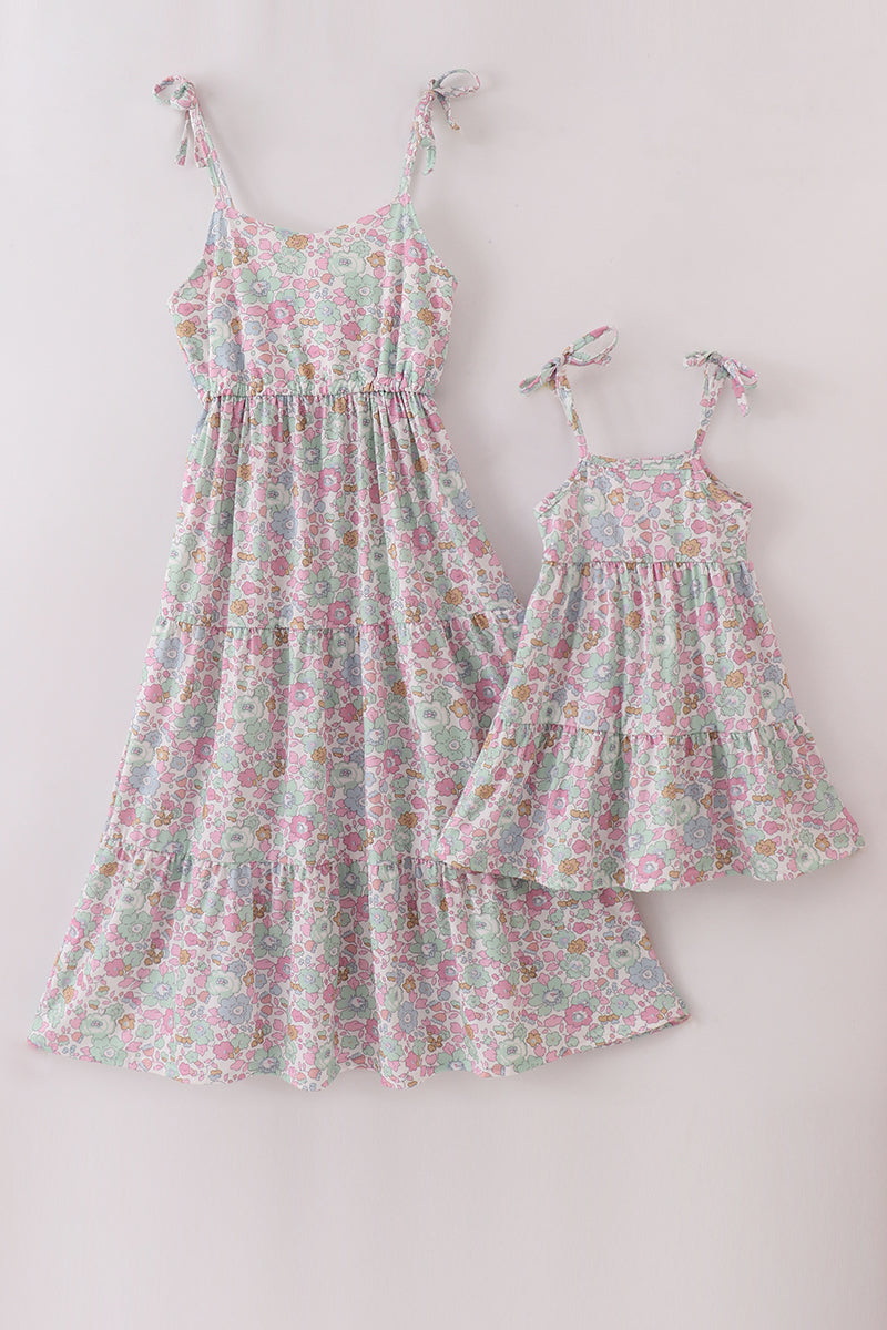 Mint pink floral print tiered dress, perfect for matching mom and daughter.