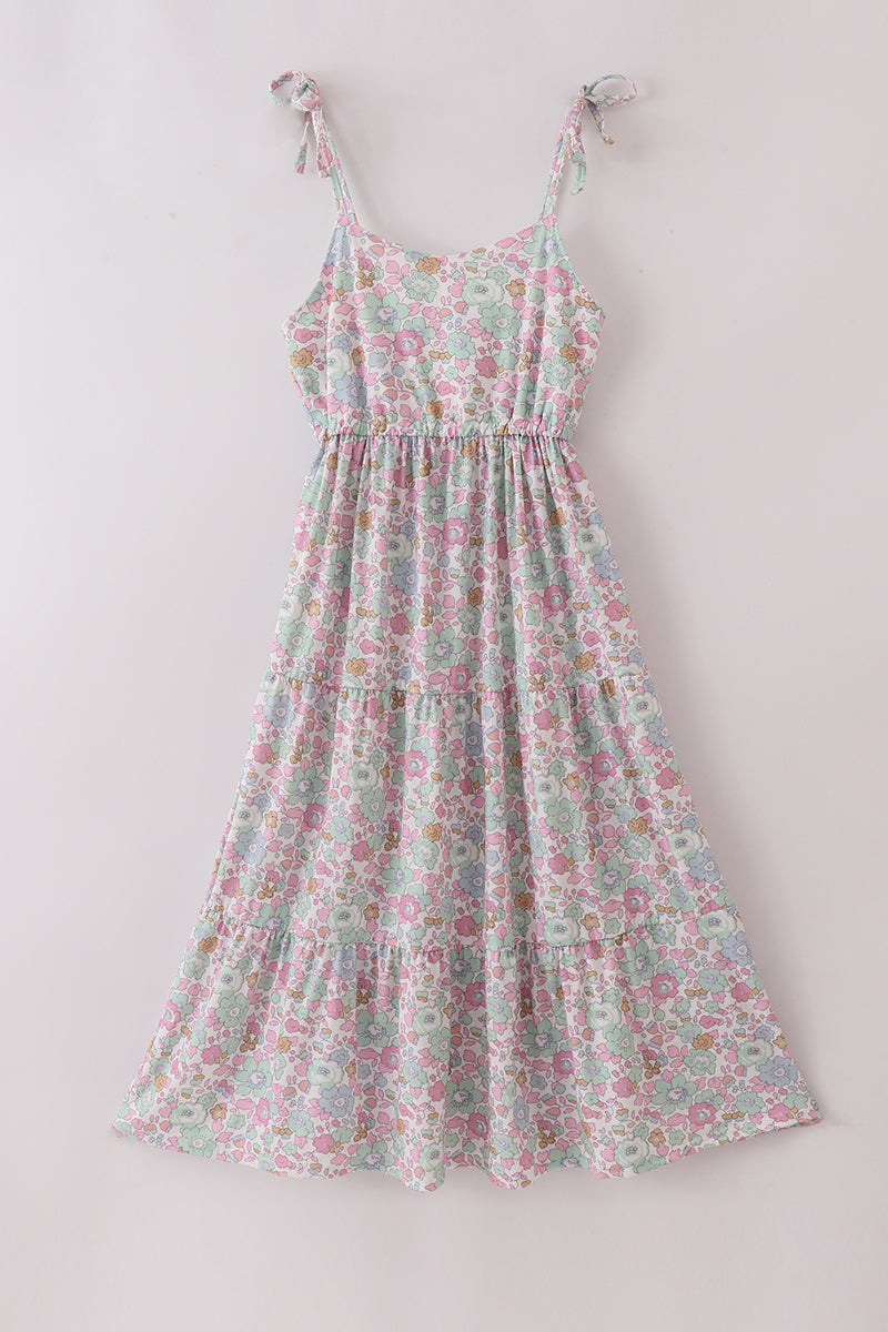 Mint pink floral print tiered dress, perfect for matching mom and daughter.