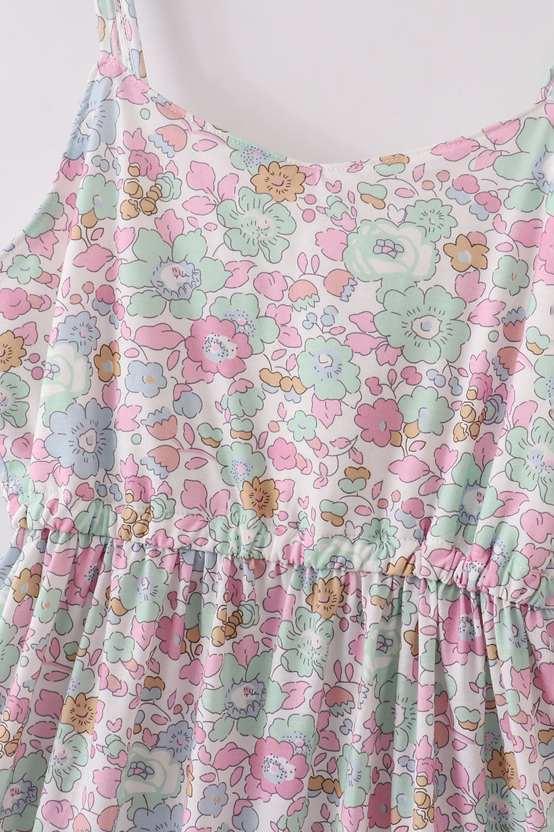 Mint pink floral print tiered dress, perfect for matching mom and daughter.