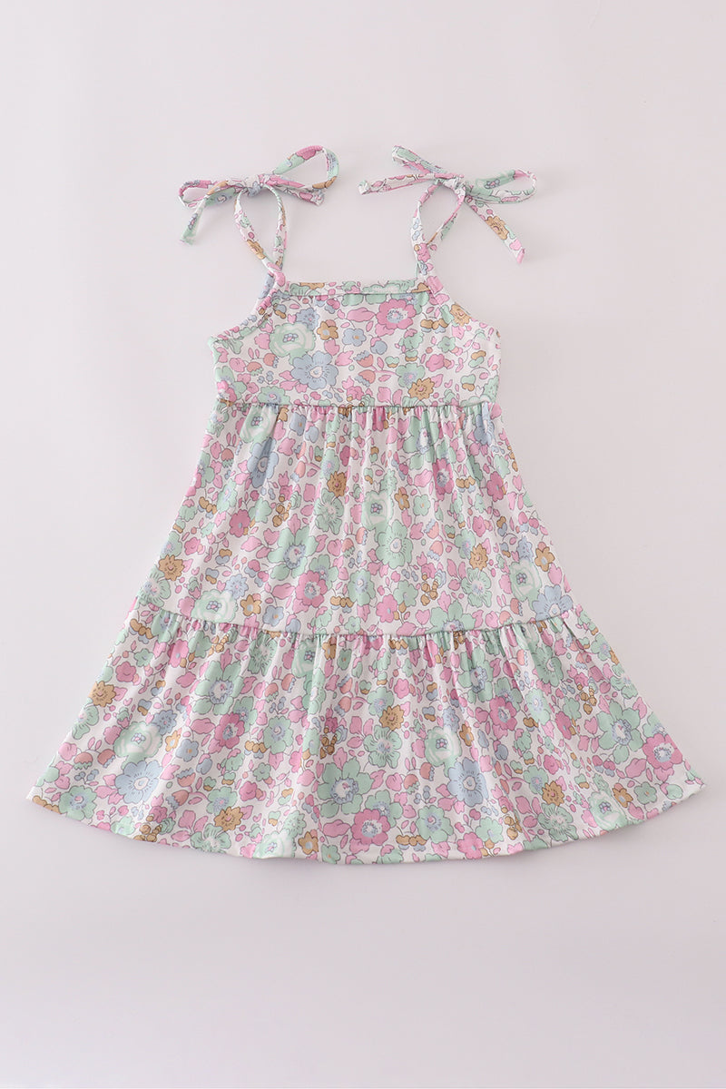 Mint pink floral print tiered dress, perfect for matching mom and daughter.