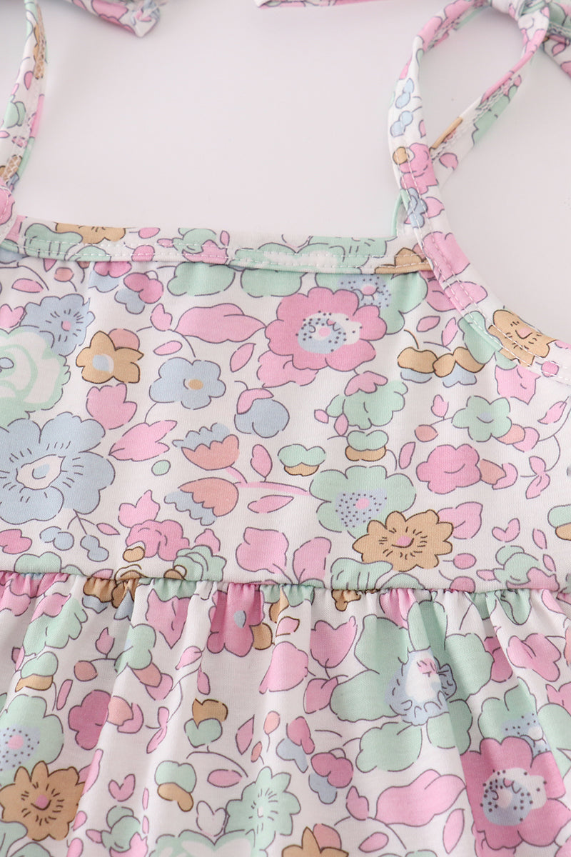 Mint pink floral print tiered dress, perfect for matching mom and daughter.