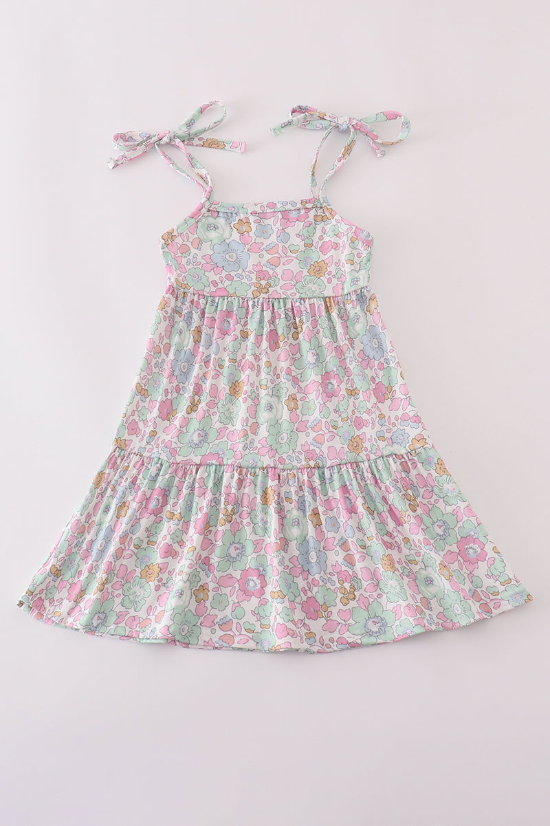 Mint pink floral print tiered dress, perfect for matching mom and daughter.