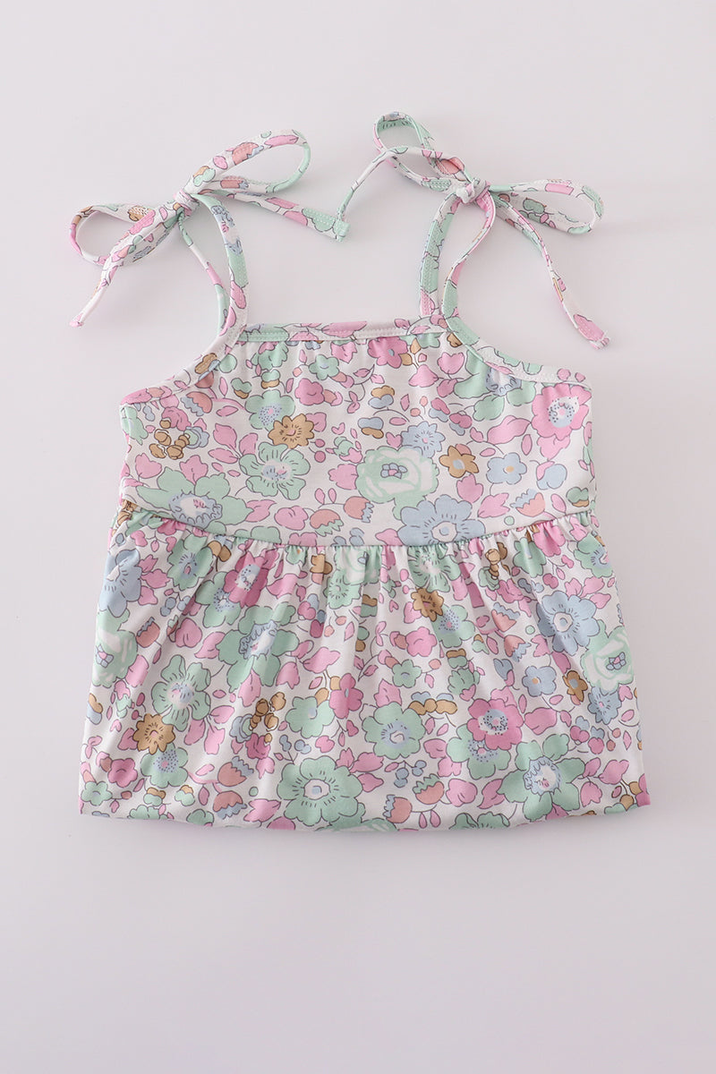 Mint pink floral print tiered dress, perfect for matching mom and daughter.