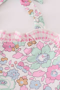 Pink floral one-piece swimsuit for kids, featuring cheerful flower patterns.