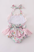 Pink floral one-piece swimsuit for kids, featuring cheerful flower patterns.