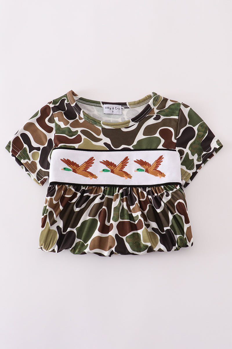 Camouflage duck embroidery set with playful ducks on cozy toddler outfit.