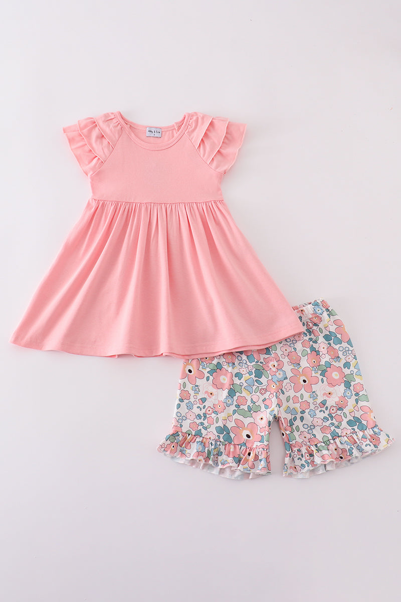 Pink summer floral print set featuring a breezy top and matching shorts.
