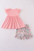 Pink summer floral print set featuring a breezy top and matching shorts.