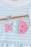 Blue stripe go fishing applique set with playful fish design, perfect for summer fun.