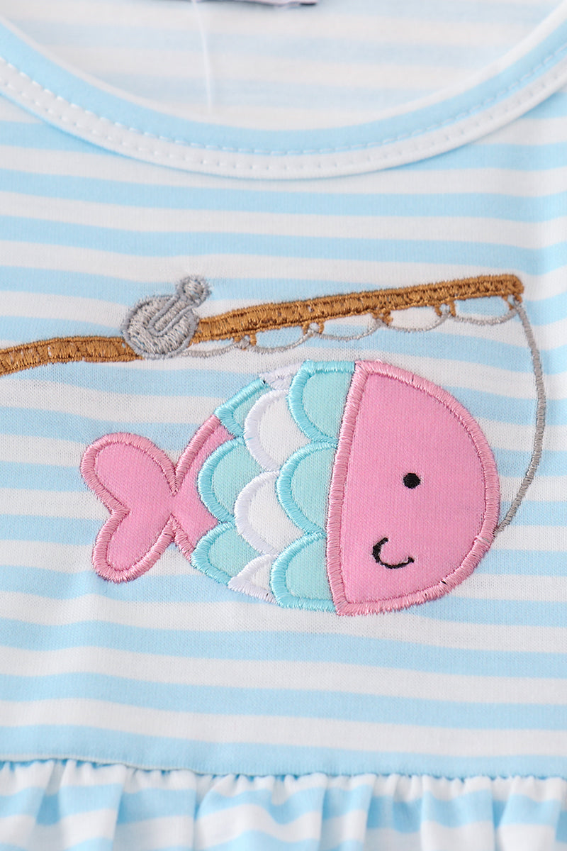 Blue stripe go fishing applique set with playful fish design, perfect for summer fun.