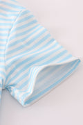 Children's blue striped outfit with playful fishing applique, perfect for outdoor adventures.