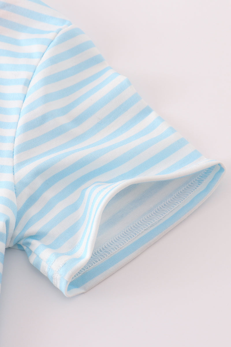 Children's blue striped outfit with playful fishing applique, perfect for outdoor adventures.